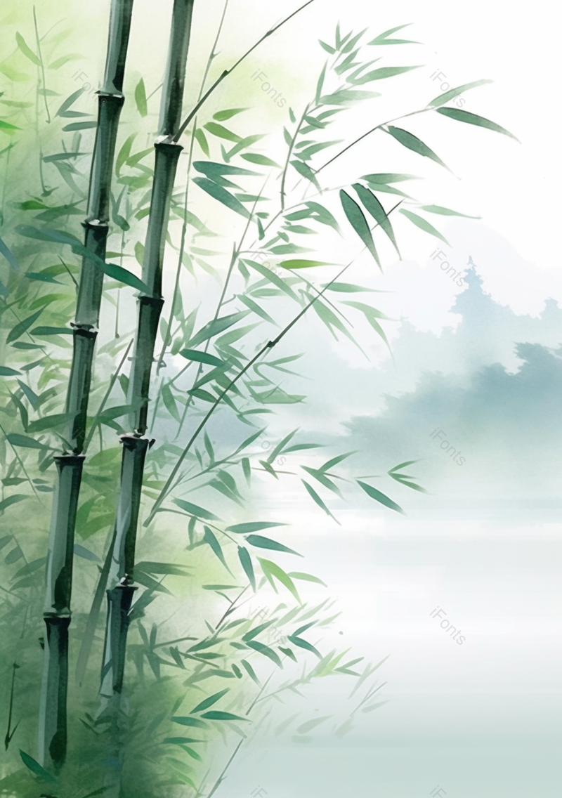 中国风水彩画彩色水彩插画竹林竹子竹叶远处山峰水雾弥漫的背景插画,插画/手绘图,插画/手绘图库,插画/手绘图下载,插画/手绘